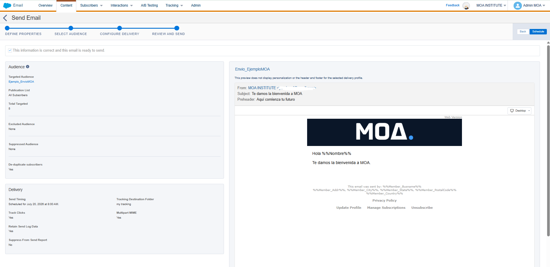 Pantalla Send Email de Salesforce Marketing Cloud Email Studio con la revisión previa al envío